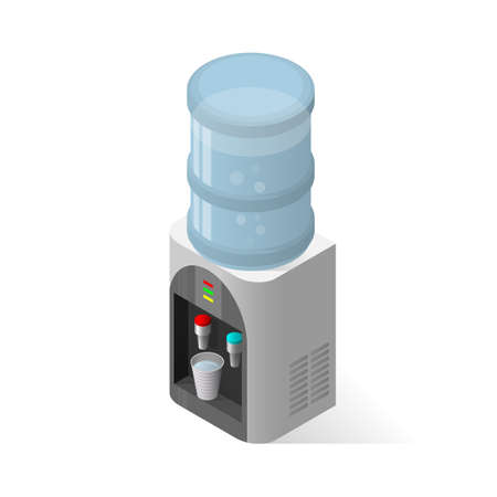 Realistic isometric vector icon for water cooler with blue full bottle and cup on white background.のイラスト素材