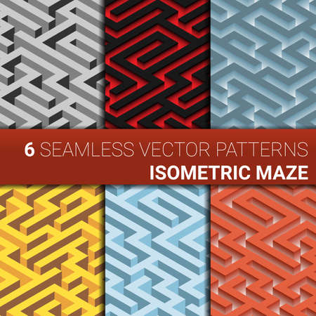 Set of six variants of maze,  labyrinth - isometric endless patterns. Vectorのイラスト素材