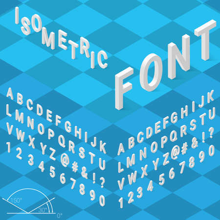 Isometric font alphabet with drop shadow on blue background. Vector illustrationのイラスト素材