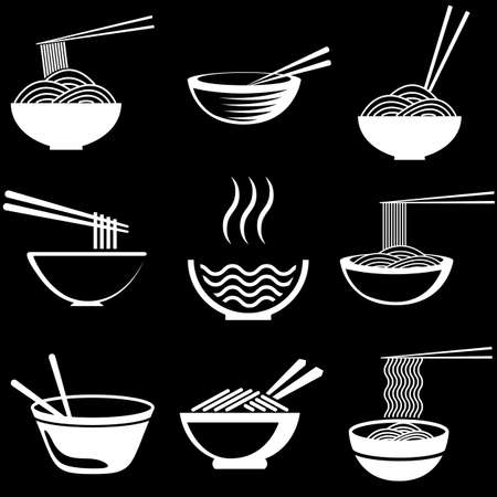 Set of noodles or spaghetti in different dishes. White on black.  のイラスト素材