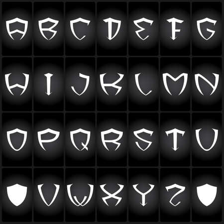 Shield font, alphabet. Gothic style. Logos set on black background. Vectorのイラスト素材