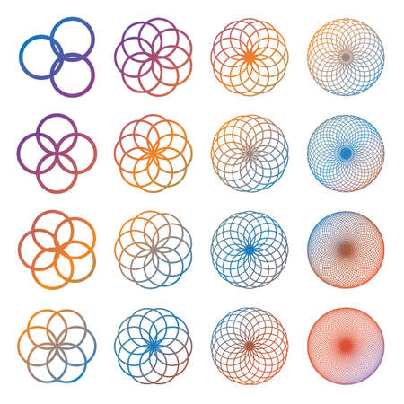 Geometric ornaments set with circles and squares. Abstract creative flowers. Multicolored on white. Vectorのイラスト素材
