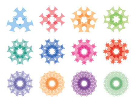 Geometric ornaments set with circles and squares. Abstract creative flowers and snowflakes. Multicolored on white. Vectorのイラスト素材