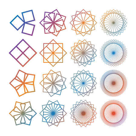 Geometric ornaments set with circles and squares. Abstract creative flowers. Multicolored on white. Vectorのイラスト素材