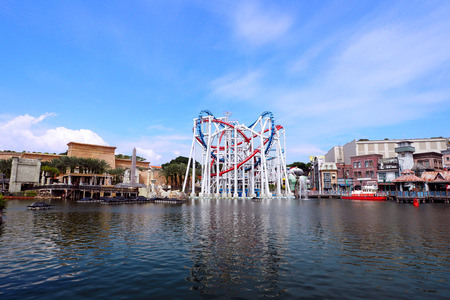 Sentosa, Singapore - JUNE 18 2015: Roller coaster loops (red and blue lane) at Universal Studios Singapore.のeditorial素材