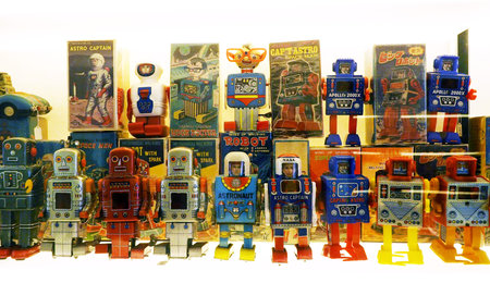 Singapore- 21 JUNE 2105: Vintage Robot Tin toy collection, The Mint Museum of Toys showing a private...