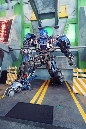 Sentosa, Singapore - JUNE 18 2015: Optimus Prime Transformers robot stay front of Sci-Fi city at...