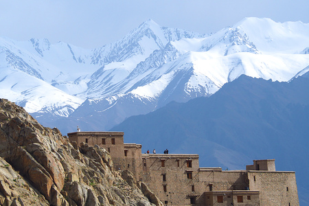 India - June 16 2017: Tourist on top of Leh Palace with Snow Mountain on Background のeditorial素材