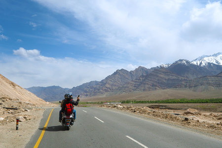 India - June 17 2017: tourist riding motorbike on the road Leh Ladakh - Indiaのeditorial素材