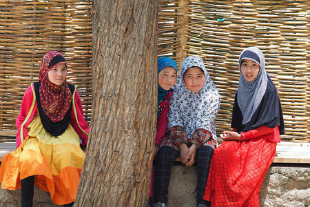 India - June 18 2017: Unidentified muslim children pose for a photo at Central Asian Museum that closed to the islam mosque in Leh Ladakh - Indiaのeditorial素材