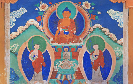 Leh, India - JUNE 23 2017: colorful Bhudda wall paint at Likr Monastery, Leh Indiaのeditorial素材