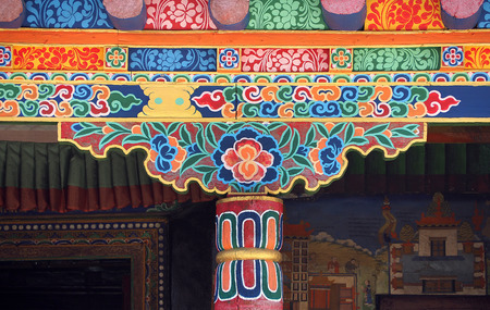 Leh, India - JUNE 23 2017: colorful architecture ornament Bhudda paint at Likr Monastery, Leh Indiaのeditorial素材
