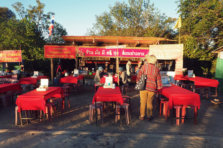 CHIANG MAI THAILAND - 31 January 2018: local tribal people setup food restaurant on the ground for sell souvenir at view point on Doi Ang Khang, Fang, Chiang Mai, Thailandのeditorial素材