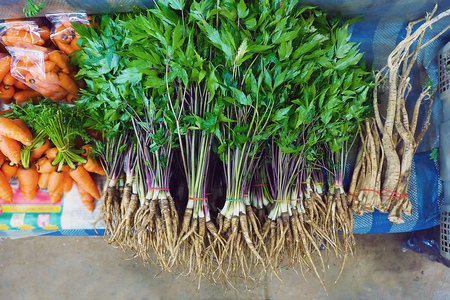 fresh raw Ginseng tree with roots for sell at local market in Doi Ang Khang, Chiang Mai, Thailandの写真素材