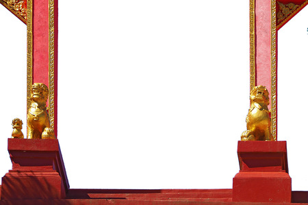 entrance gate arch with gold lion statue on door side at public chinese temple di cut isolated on white backgroundの写真素材