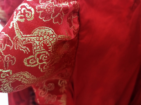 close up chinese red cloth with dragon lion pattern in goldの写真素材
