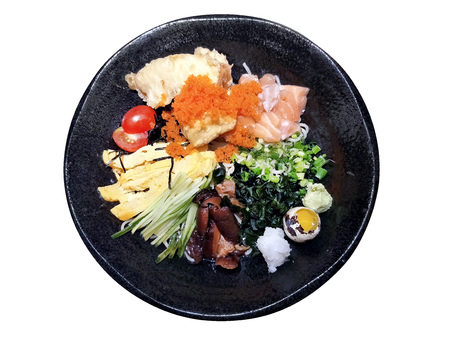 isolated on white background with clipping path of traditional japanese cold noodle mixed with salmon fried tofu sweet egg mushroom seaweed cucumber tomato wasabi の写真素材