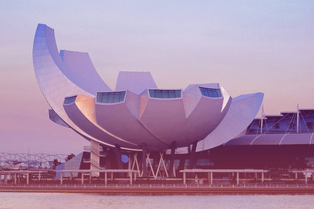 Singapore - 15 MAY 2011: The Art Science museum photo from river at evening time in twilight color