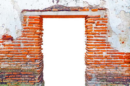 old ancient brick concrete wall fence isolate on door arch with clipping pathの写真素材