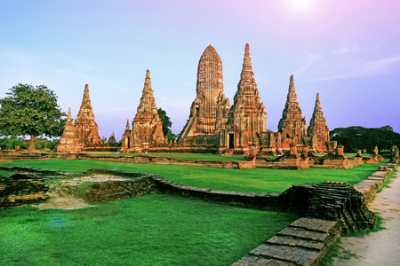 old ancient Wat Chaiwattanaram temple in Ayutthaya Historical Park, Thailandの写真素材