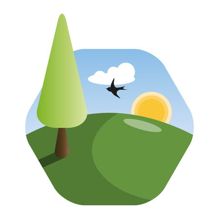 Nature landscape with meadow and a tree. Flying bird in front of a cloud. Sun rising on the horizon. Concept of nature, health, travel, country and escape.のイラスト素材