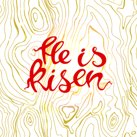 Easter banner with text He is risen in wooden background. Vector illustration background. Easter background. Hand drawn text He is risen. Easter christian motive. Hand written calligraphy.のイラスト素材