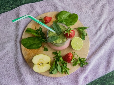 smoothie jar strawberry and banana, mint cocktail healthy foodの写真素材