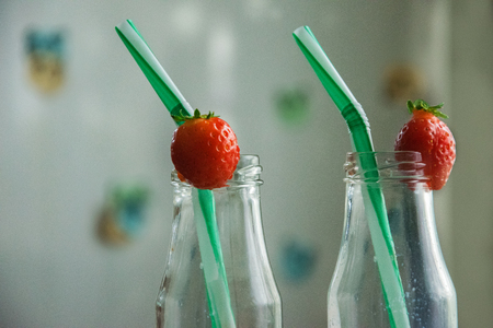 smoothie jar strawberry and banana, mint cocktail healthy foodの写真素材