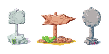 Set Cartoon pointers from stones. blank stones signs and grasses.のイラスト素材