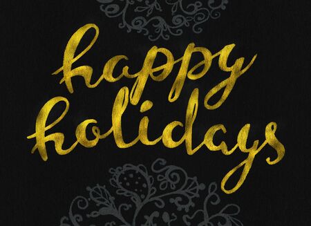 Happy holidays Gold glittering elegant modern brush lettering design on a black background rastr.の写真素材