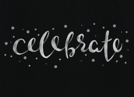Celebrate. Beautiful greeting card calligraphy silver text word. Handwritten modern brush lettering black background isolated .の写真素材