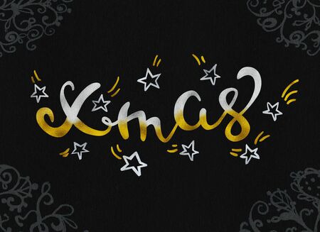 Xmas Beautiful greeting card calligraphy silver and gold text word. Handwritten modern brush lettering black background isolated rastr.の写真素材