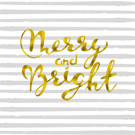 Merry and bright Gold glittering elegant modern brush lettering design.のイラスト素材
