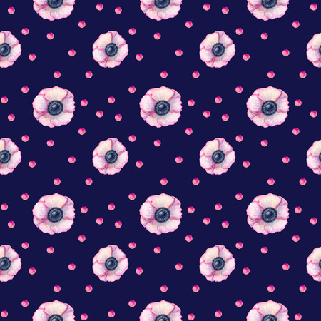 Seamless floral pattern flowers anemone pink on dark blue background Watercolor paintingの写真素材