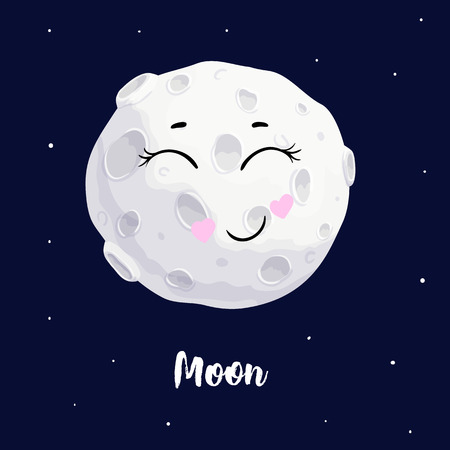 vector illustration of full moon kawaii character embarrassment cartoon on the dark blue background.のイラスト素材