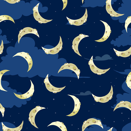 A vector seamless pattern of moon cartoon on the dark blue background and clouds.のイラスト素材