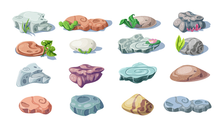 Vector cartoon illustration Stone and nature rocks, boulders object set isolated on a white background. Vector cartoon objects. Bright background images for print, create videos or web graphic design, user interface, card, poster.のイラスト素材