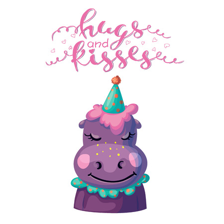 postcard hippo smiling in a cap day birthday hugs and kisses. vectorのイラスト素材