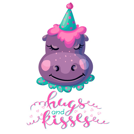 cartoon hippo, cute animal kids, hippopotamus face and lettering vector. Cute animal poster design for greeting card, t-shirt, invitation, baby shower, birthday, room decor, print on the wall, pillow, decoration kids interior.のイラスト素材