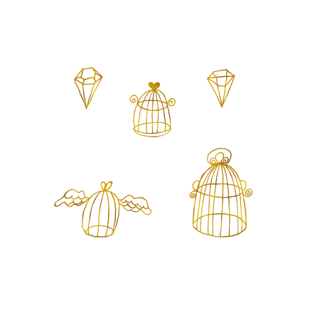 Watercolor beautiful cages and diamonds contours gold isolated on white background. Hand painted design for mothers day, womens day, wedding, save the date, card, holidayの写真素材