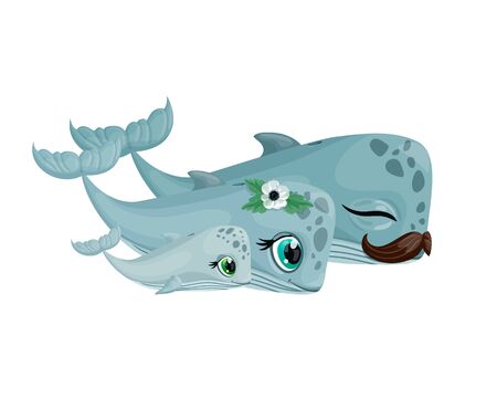 Cute whale family. Mom, dad and baby. Hand drawn Vector illustration. For children fashion and stationery, nursery, scrapbooking, home decor and textile, surface design. Ocean marine world. Part of a large sea creatures collectionのイラスト素材