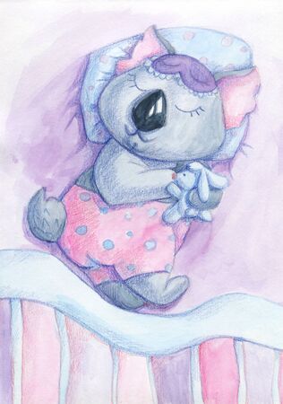 Watercolor sleeping cute grey koala bear. Hand drawing australia animal illustration. Perfect for Template, design for birthday, greeting card, poster.の写真素材