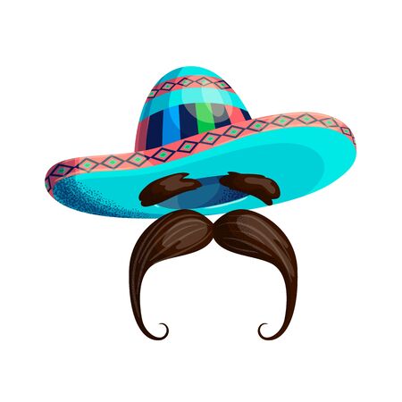 Mexican hat and mustache Isolated on a white background. Colored cartoon mexico sombrero. Retro barbershop symbol. Holiday Cinco de mayo, Mexican sombrero hat. Sign, symbol, elements. Mexico, carnival.のイラスト素材