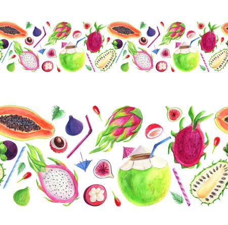 Seamless border sweet fruit fresh vitamin. Tropical fruits food watercolor on white background. Vegetarian nutrition juicy natural exotic summer diet. Illustration with colorful tropical fruits borderの写真素材