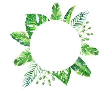 Watercolor round tropical frame of colorful leaves. Palm tree leaves and branches round frame. Tropical greeting card. Concept of the jungle for the design invitations and wallpapers. Paradise wreathの写真素材