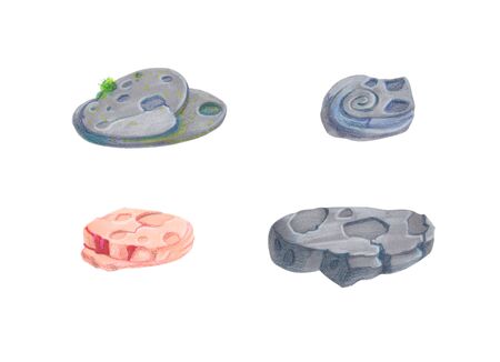 stones set in cartoon style. Summer Hand drawn pattern element. Set of  gray stones isolated on white background. Hand drawn abstract rocks art work. Abstract geometric shape rockの写真素材