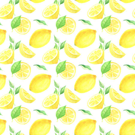 Lemons watercolor seamless pattern for textile design. Graphic modern digital paper art. Creative nature background. Colorful background lemon fruit citrus. Seamless vintage pattern. Botanical printの写真素材