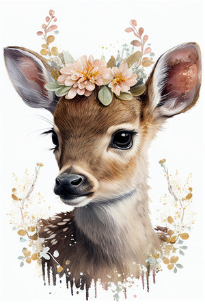 Cute deer portrait with flowers crown. Watercolor baby animal print. Beautiful wildlife animal cartoon drawing poster. Funny mammal character nature wild. Watercolor beauty baby deer sweet portraitの素材