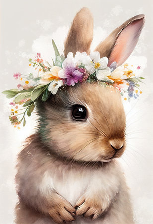 Beautiful watercolor rabbit baby portrait, great design with flowers crown. Cute wildlife animal cartoon drawing Poster design bunny Isolated white background. Beauty farm animal print.の素材