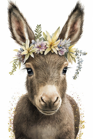 Cute donkey portrait with flowers crown. Watercolor baby animal print. Beautiful wildlife animal cartoon drawing poster. Funny mammal character nature wild. Watercolor beauty baby mule sweet portrait.の素材